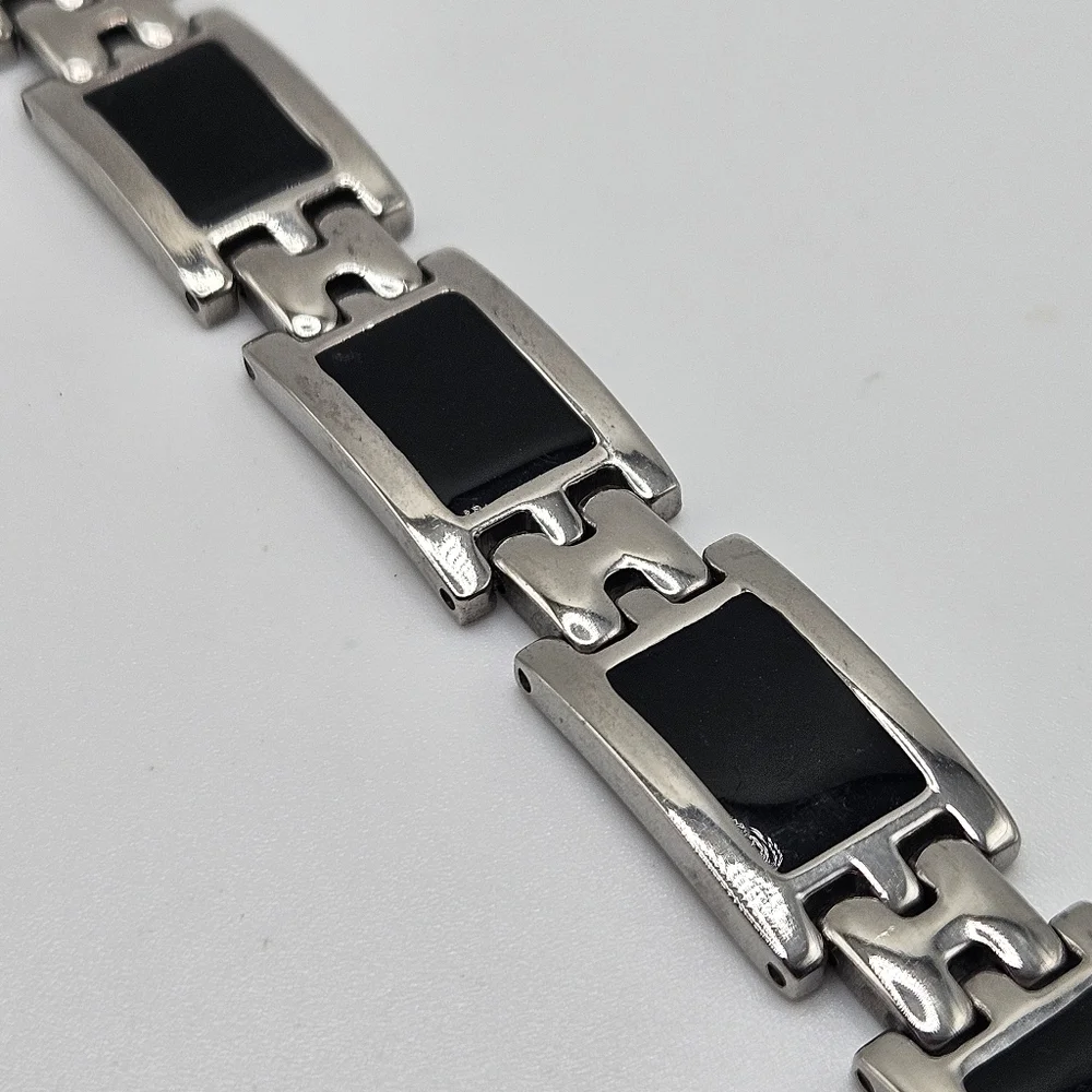 Stainless Steel Black Enamel Watch Link Men's Bracelet 9.25
